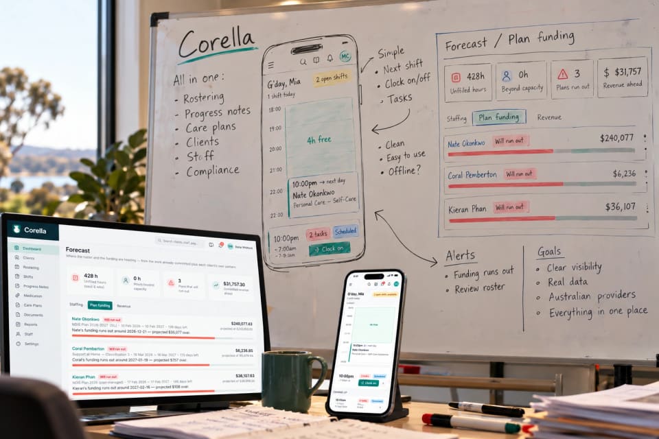 A whiteboard sketching Corella — all in one: rostering, progress notes, care plans, clients, staff and compliance, the worker's phone screen and the plan-funding forecast — beside a laptop and a phone showing the same screens