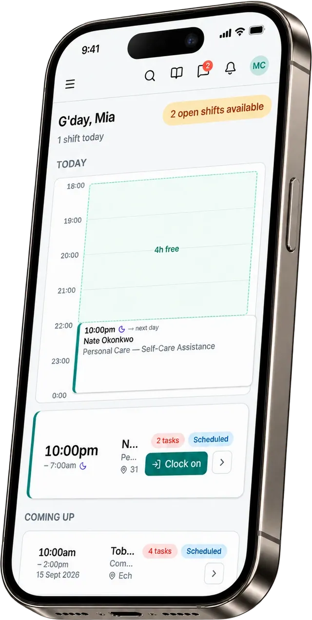 The Corella app on a support worker's phone: today's shift with a Clock on button, and two open shifts available