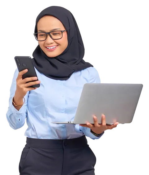 A coordinator in a hijab checking her phone with a laptop in her other hand