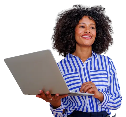 A smiling coordinator in a striped shirt holding an open laptop