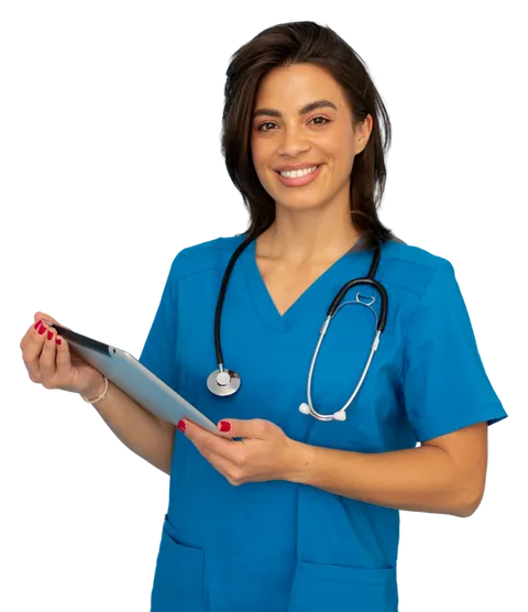 A nurse in blue scrubs with a stethoscope, holding a tablet