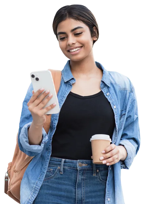 A young support worker with a backpack and coffee, checking her phone