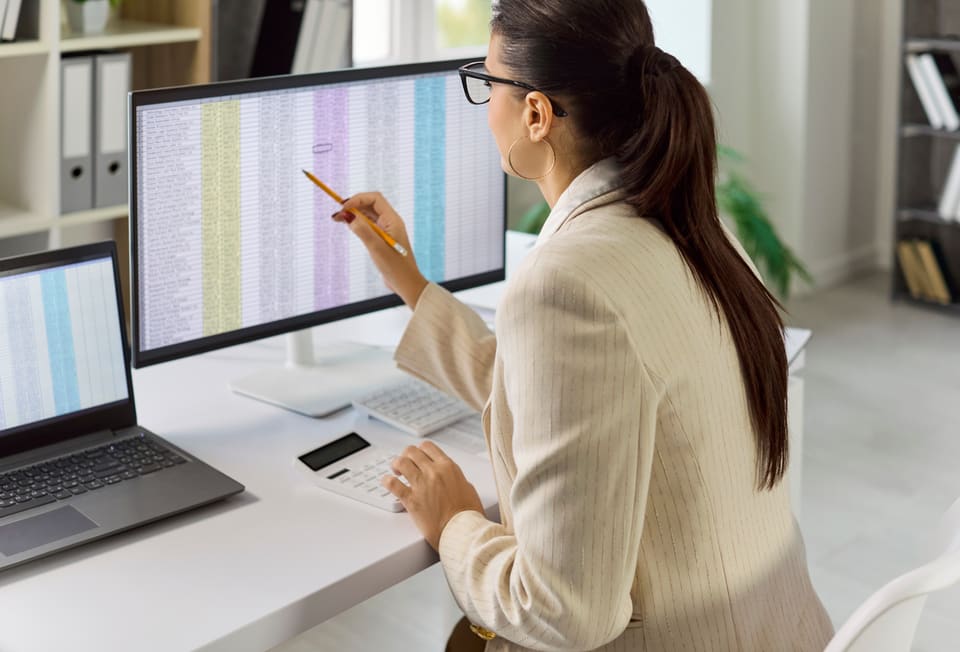 A woman reviewing figures on her computer screen