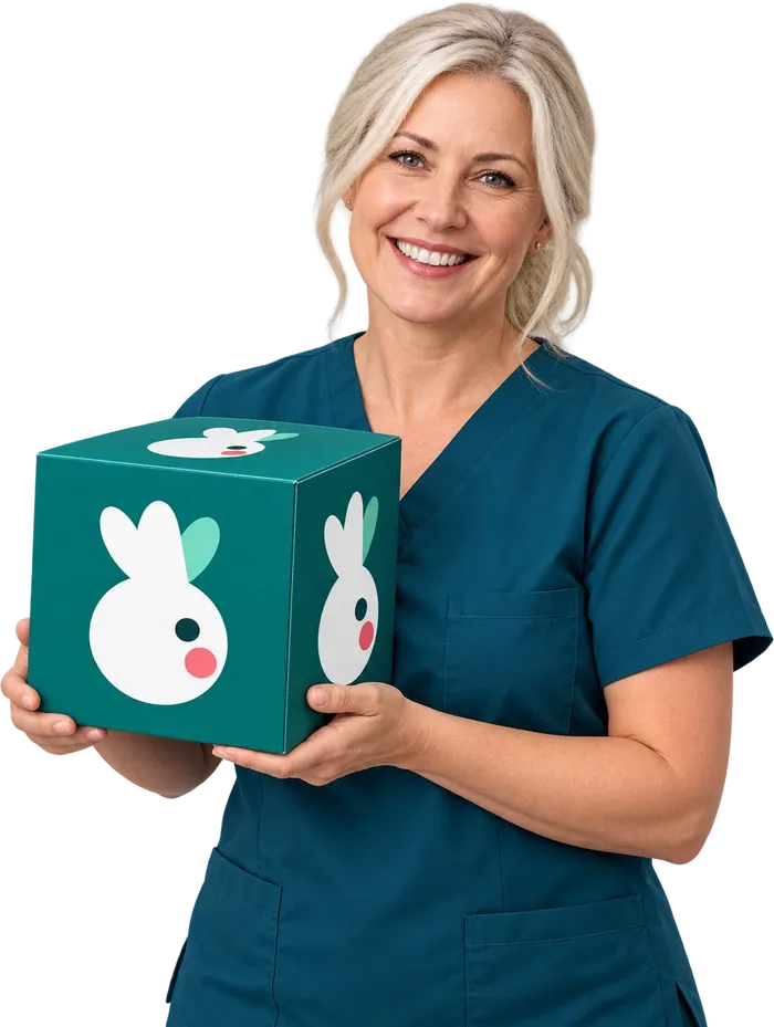 A smiling nurse in teal scrubs holding a box printed with the Corella bird