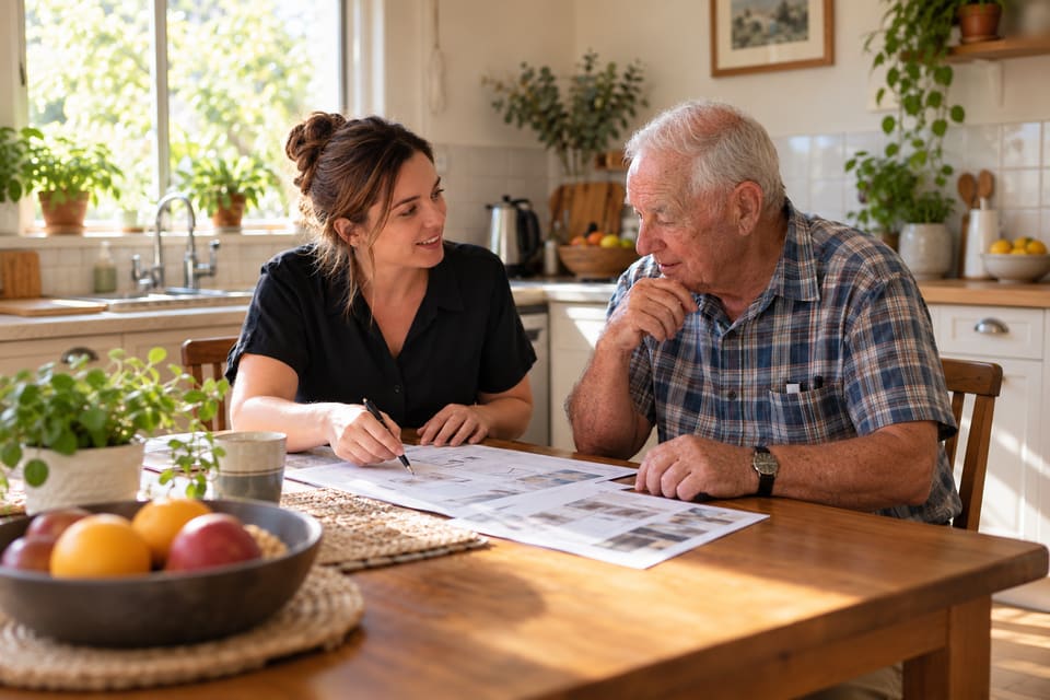 An allied health clinician at an older man's kitchen table, pointing with a pen at printed plans as he reads along, his hand at his chin