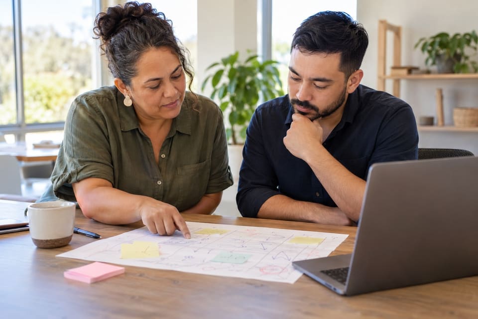 Two colleagues at a sunlit office table going through a printed weekly roster covered in pencil marks and sticky notes, a laptop turned away beside them