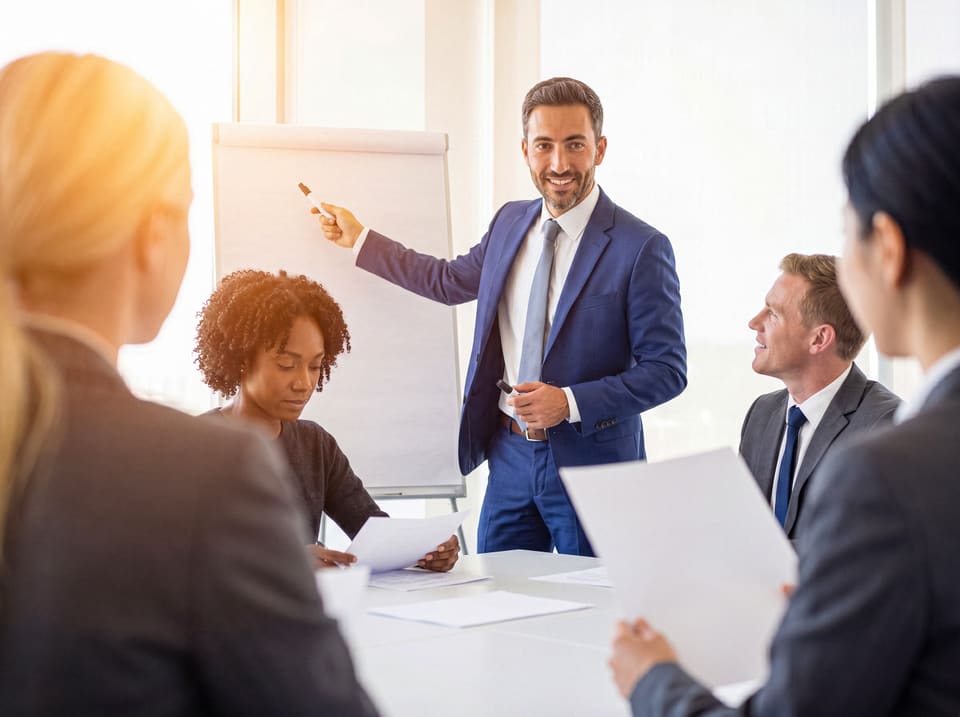 A manager presenting to his team