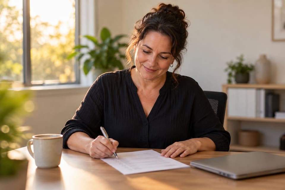 A smiling woman at a sunlit office desk ticking off a printed checklist with a pen, a coffee mug and a closed laptop beside her