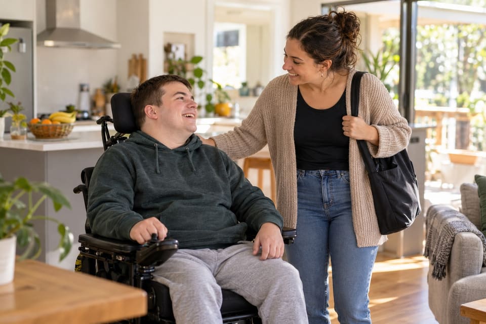 A support worker with a shoulder bag arriving in a sunlit kitchen, smiling and resting a hand on the shoulder of a young man in a power wheelchair who laughs up at her