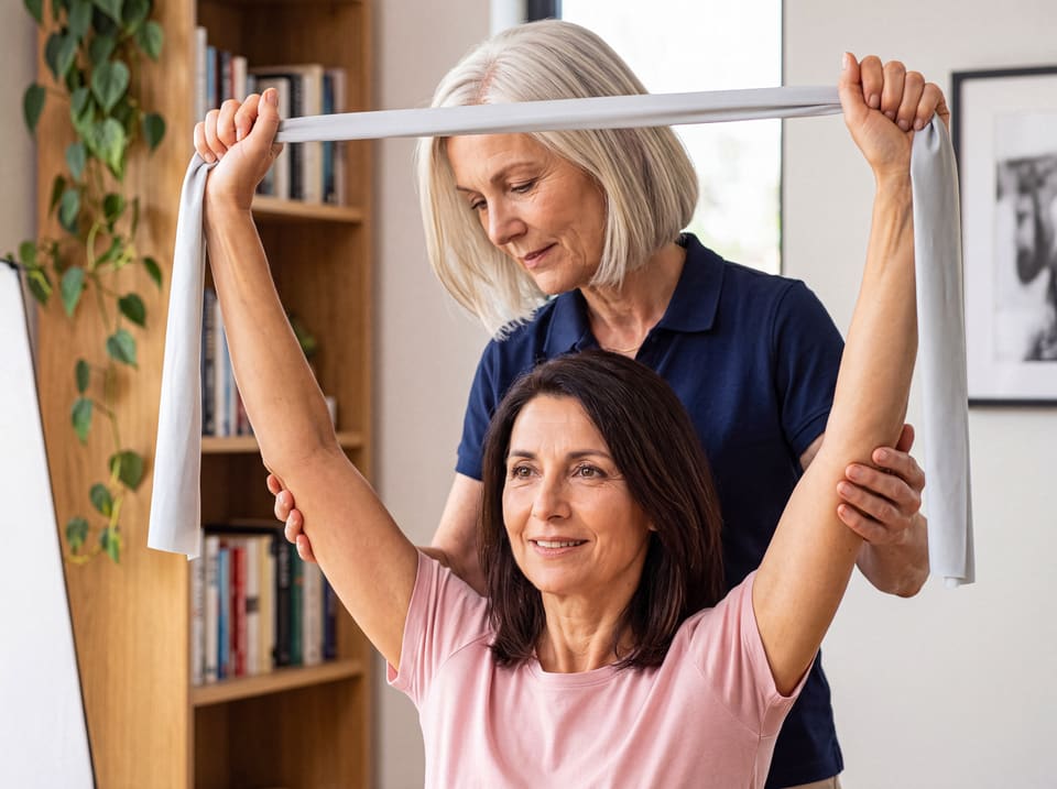 A physiotherapist helping an older woman stretch her arms