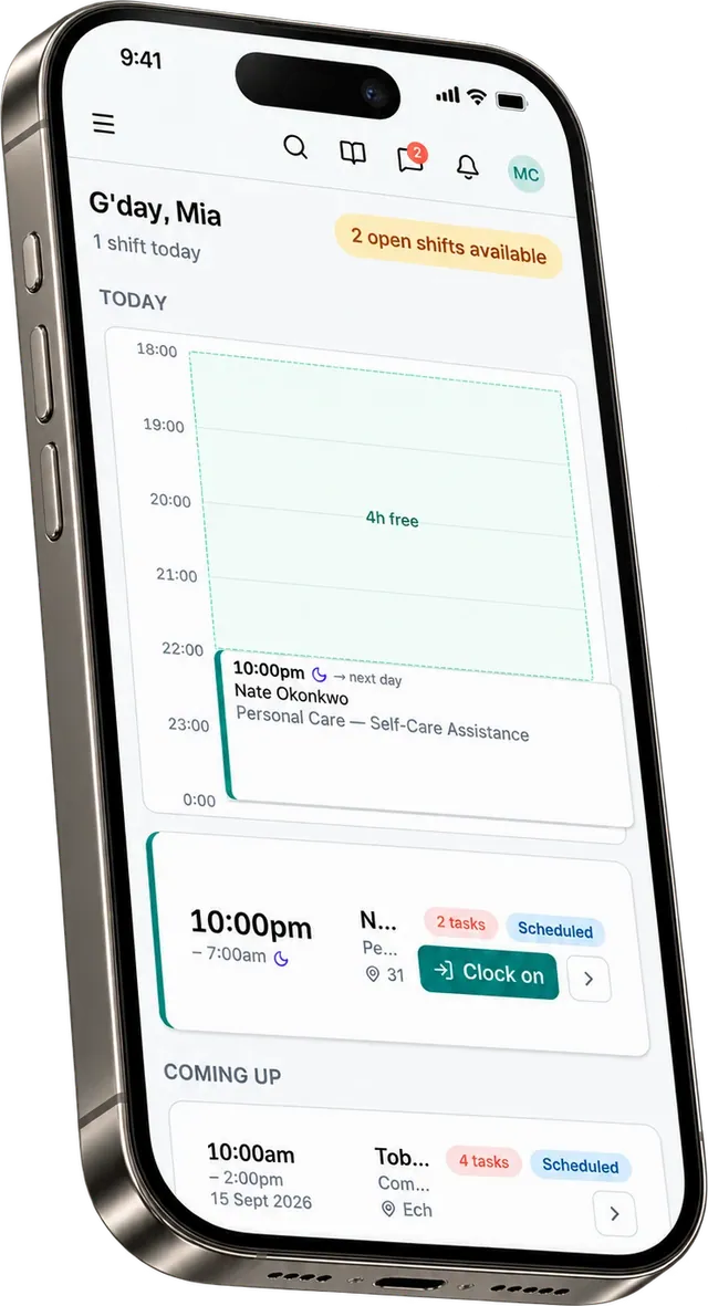 The Corella app on a support worker's phone: today's shift with a Clock on button, and two open shifts available