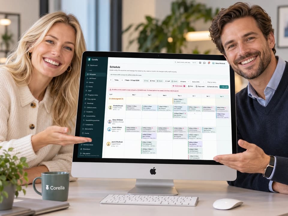Two people smiling beside a desktop computer showing the week's roster in Corella