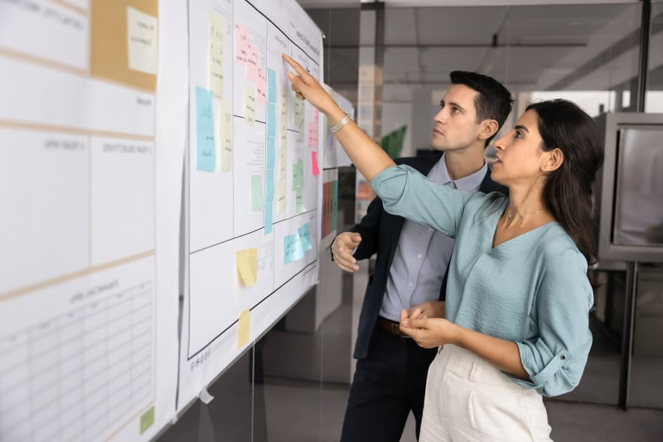 Two colleagues planning at a wall board covered in notes