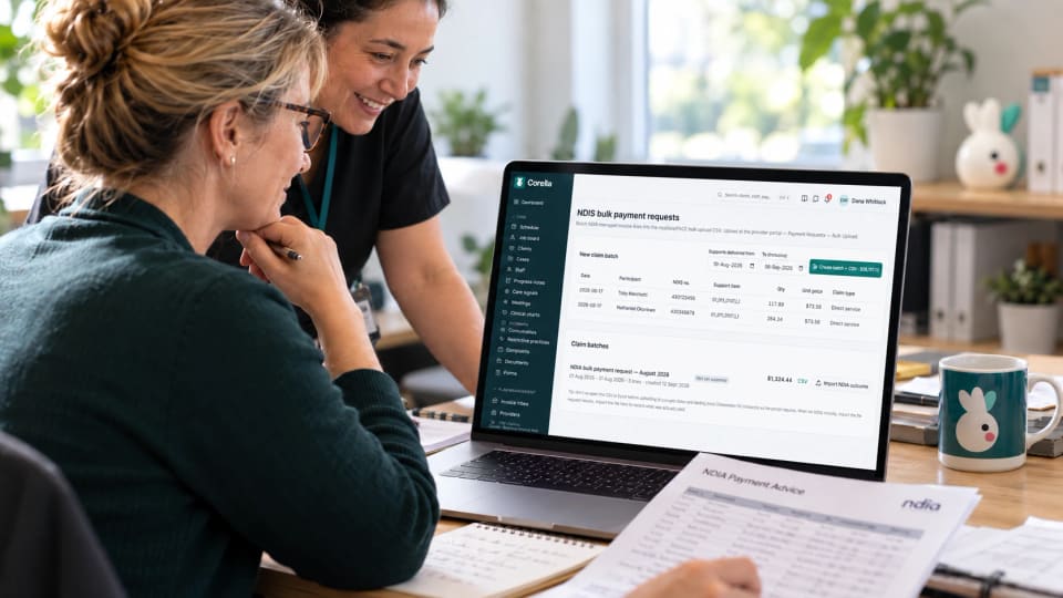 Two colleagues at a laptop showing Corella's NDIS bulk payment requests screen, with the NDIA's payment advice printed on the desk