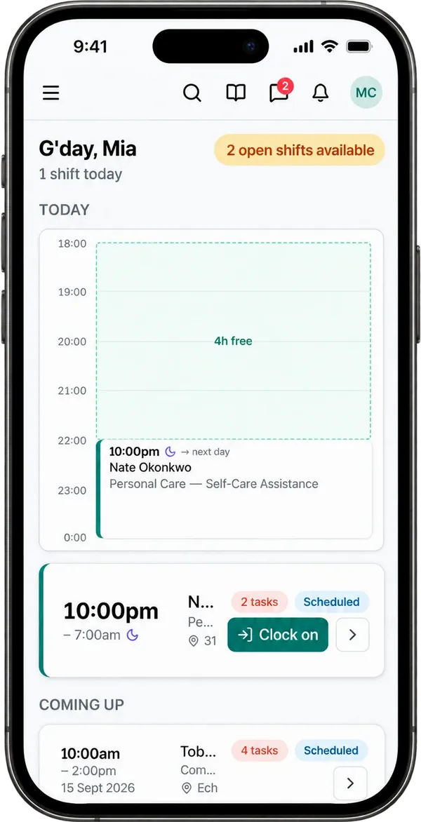 A support worker's day in the Corella app on a phone, with a Clock on button