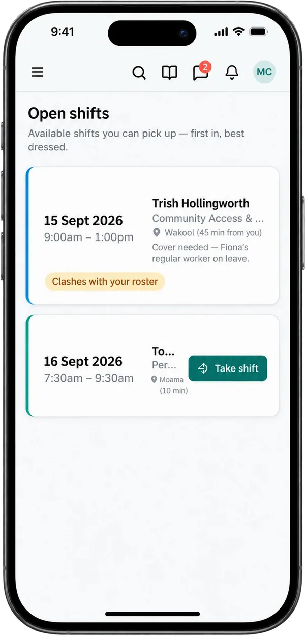 Open shifts on a support worker's phone, headed 'Available shifts you can pick up — first in, best dressed': one card marked 'Clashes with your roster' and a second card with a Take shift button