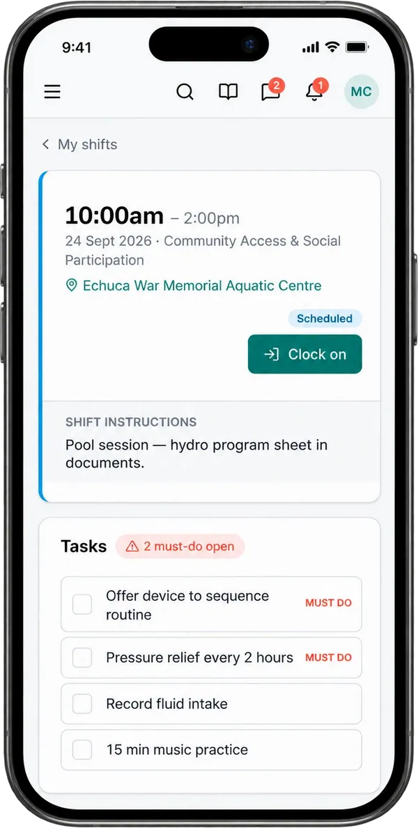A support worker's shift on a phone: the time, date, type of support and the place, a Clock on button, the shift instructions, then four tasks with tick boxes, two of them marked Must do and counted as open
