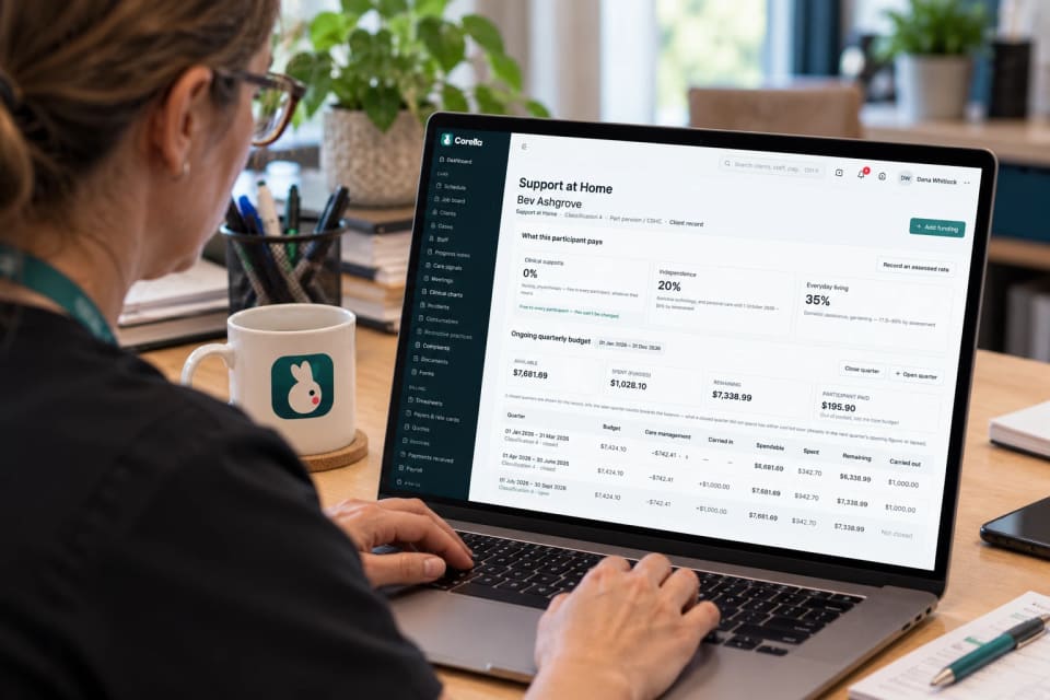 A woman at a laptop showing Corella's Support at Home screen: what the participant pays, and the quarterly budget with its carry-over