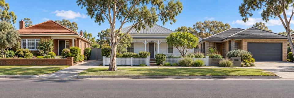 A quiet suburban street under gum trees: a brick bungalow, a weatherboard cottage with a picket fence, and a brick home with a garage