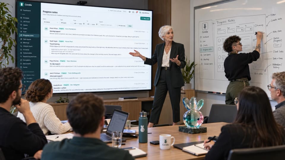 A team meeting: one woman presents Corella's progress notes screen on a large display while a colleague sketches the same screen on a whiteboard