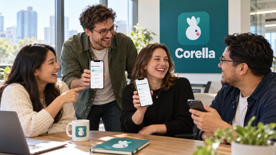 Four colleagues around a table showing each other Corella on their phones, a Corella sign on the wall behind them