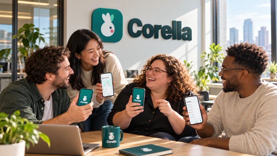 Four people at a table laughing and holding up phones with Corella on the screens, the Corella logo on the wall behind them