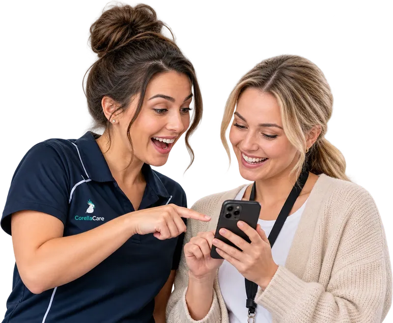 Two women smiling as one shows the other Corella on her phone