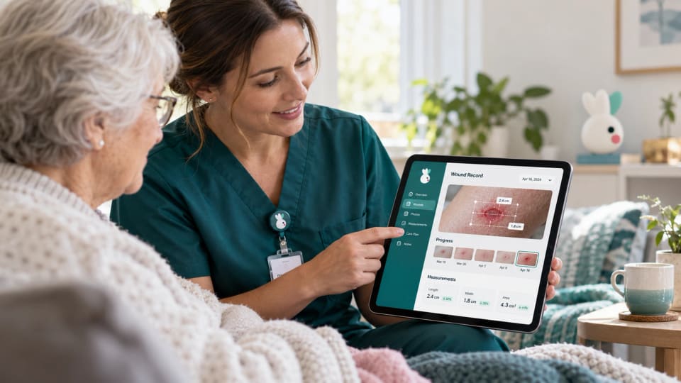 A nurse showing an older woman her wound record on a tablet in her living room: dated photographs and the measurements over time