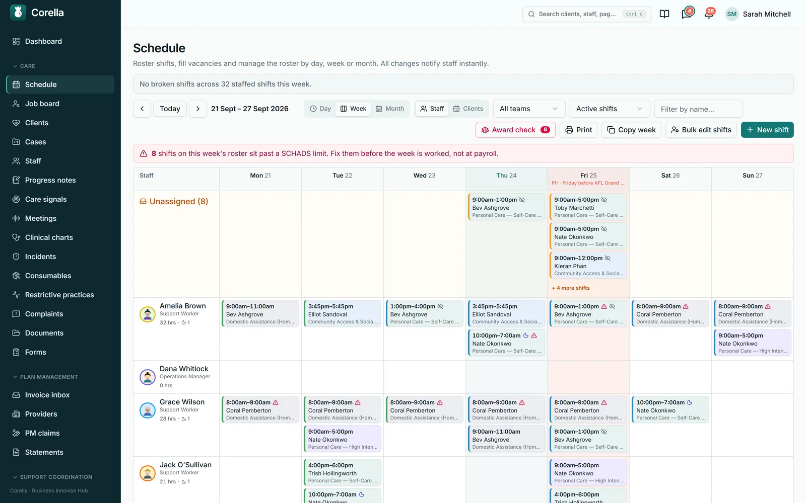 The NDIS demo's week board: a row per support worker, shifts across the week, and the unassigned row at the top