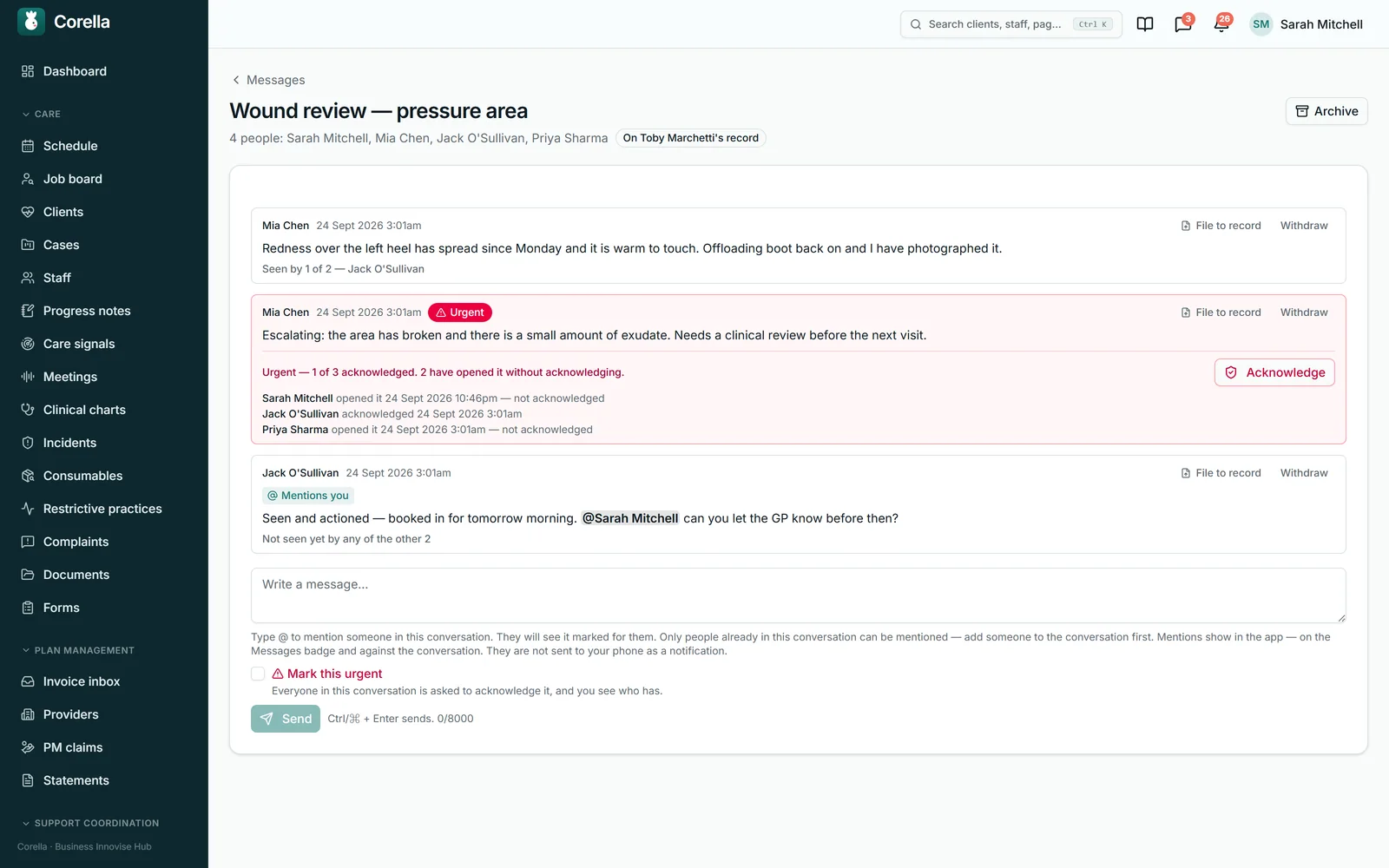 A staff conversation in Corella filed on a participant's record: an urgent message showing one of three acknowledged and who opened it without acknowledging, an @mention, who has seen each message, and File to record and Withdraw on every message
