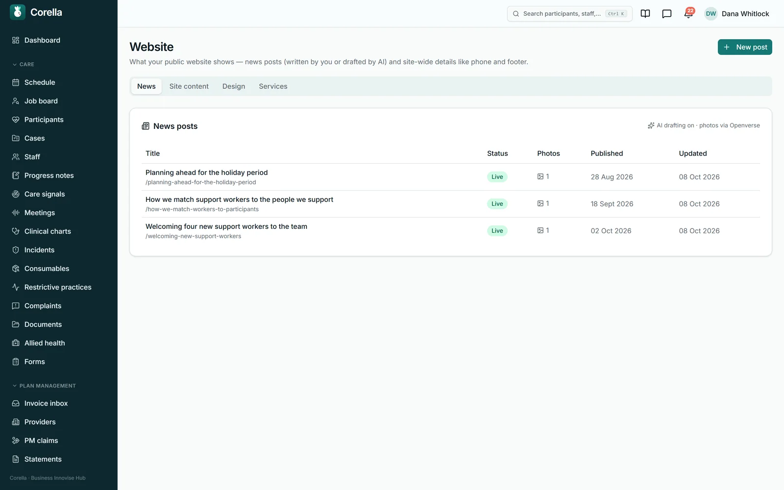 The Website screen in Corella, from the NDIS demo: the news posts the practice publishes to its own website, each with its status, photo and dates, and a New post button