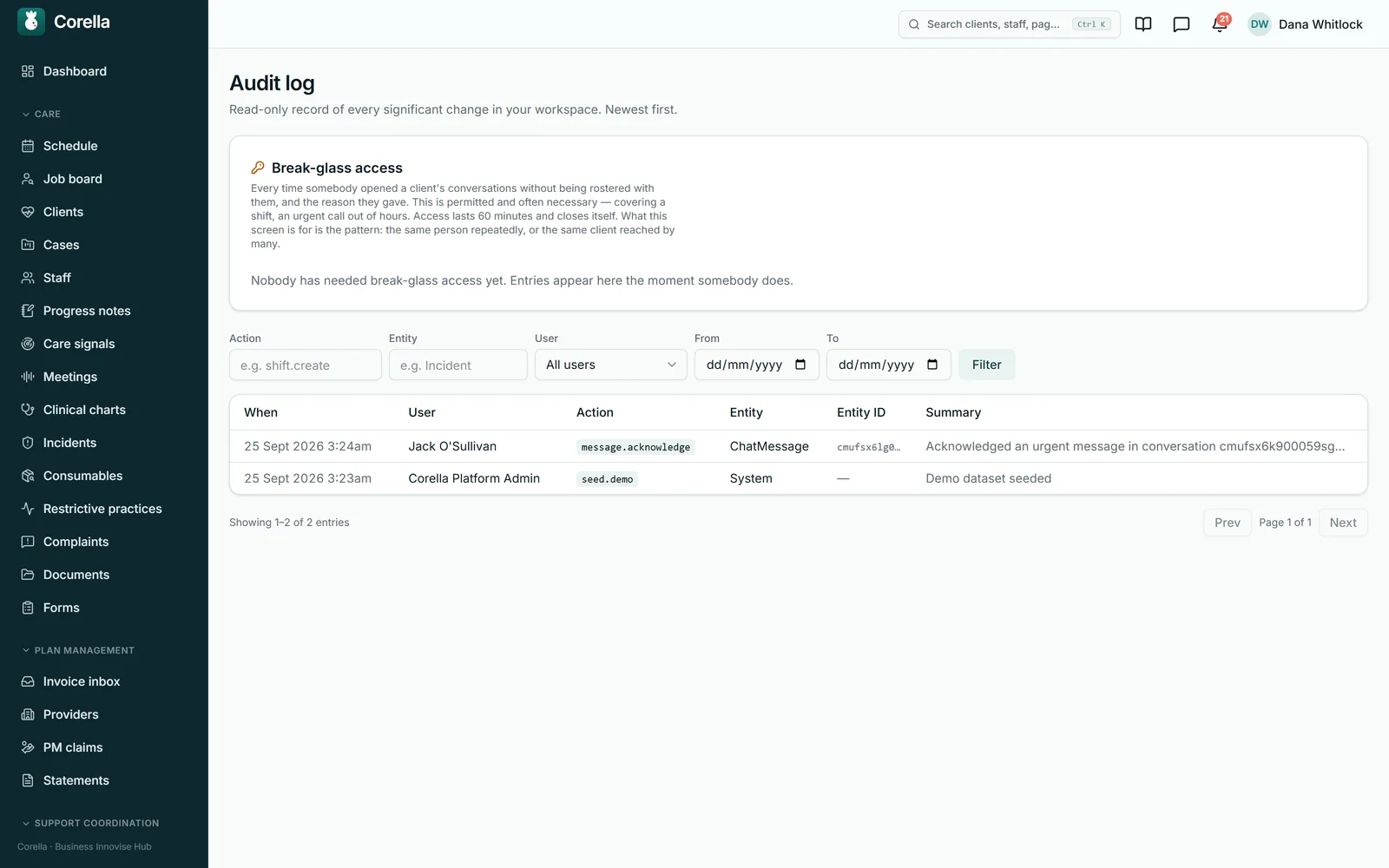 Corella's audit log on the NDIS demo: the break-glass access panel, the filters, and the newest entries — a worker acknowledging an urgent message and the demo data being seeded