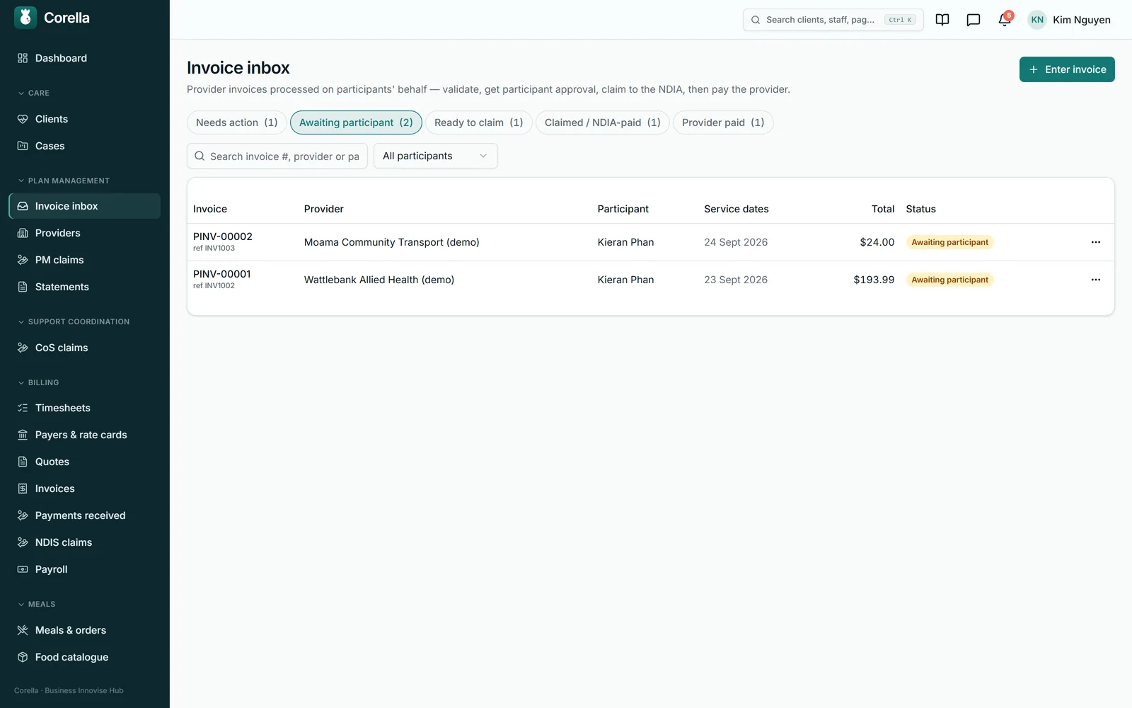 The plan-management invoice inbox in the NDIS demo: tabs for needs action, awaiting participant, ready to claim, claimed or NDIA-paid, and provider paid, with two provider invoices awaiting the participant's approval