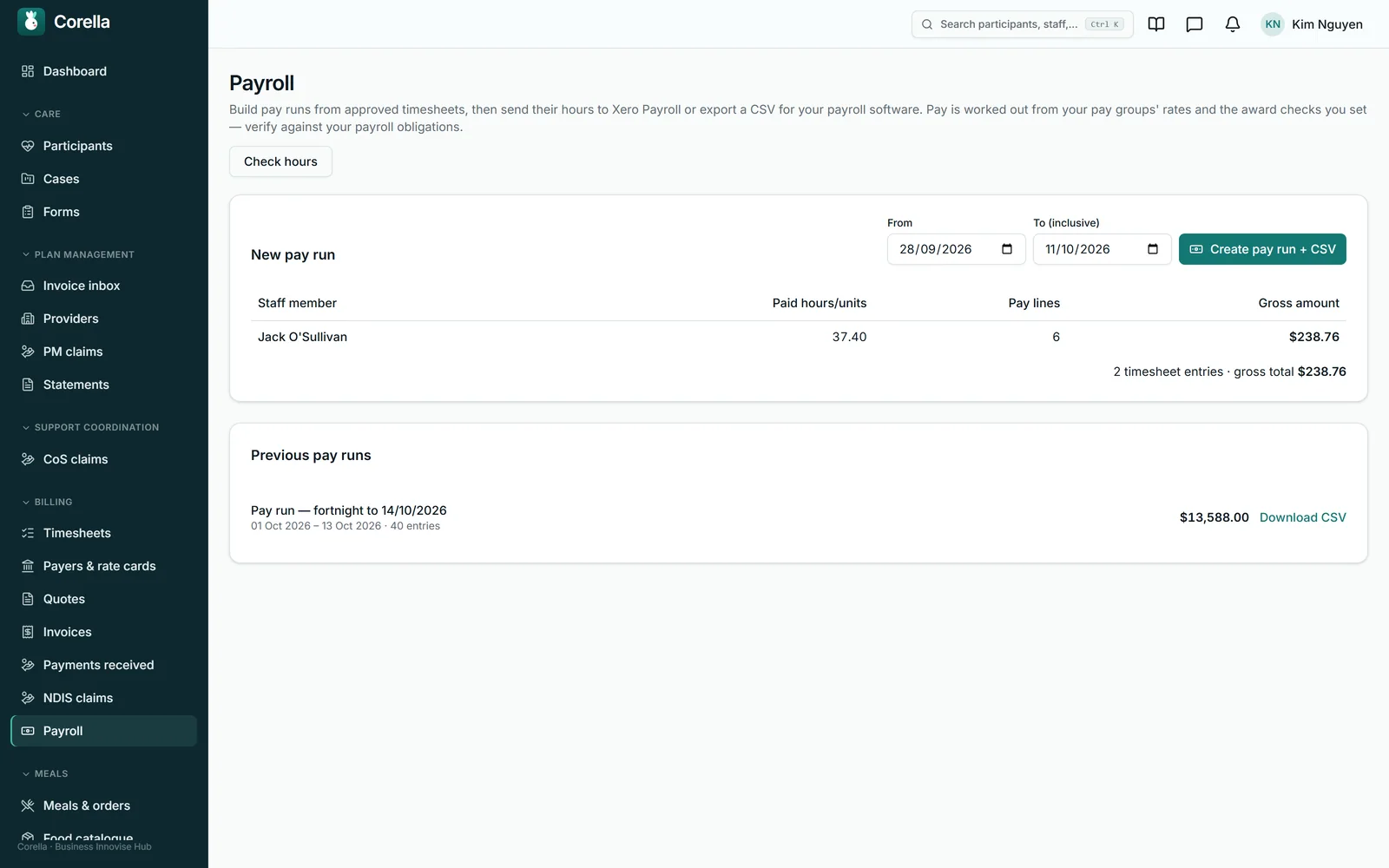 Payroll in Corella: a pay run built from approved timesheets, sent to Xero Payroll or exported as a CSV, with Check hours