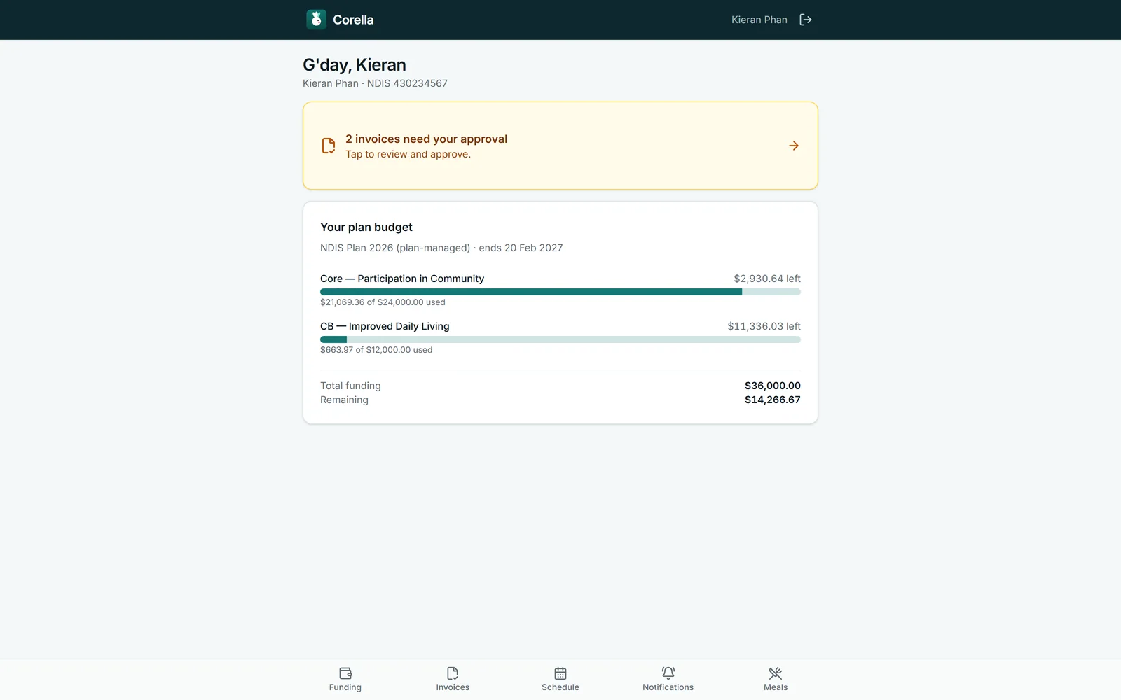 The participant portal on a computer, from the NDIS demo: the same greeting, invoice banner and plan budget as on a phone, in one column, with the person's name at the top and the five tabs along the bottom