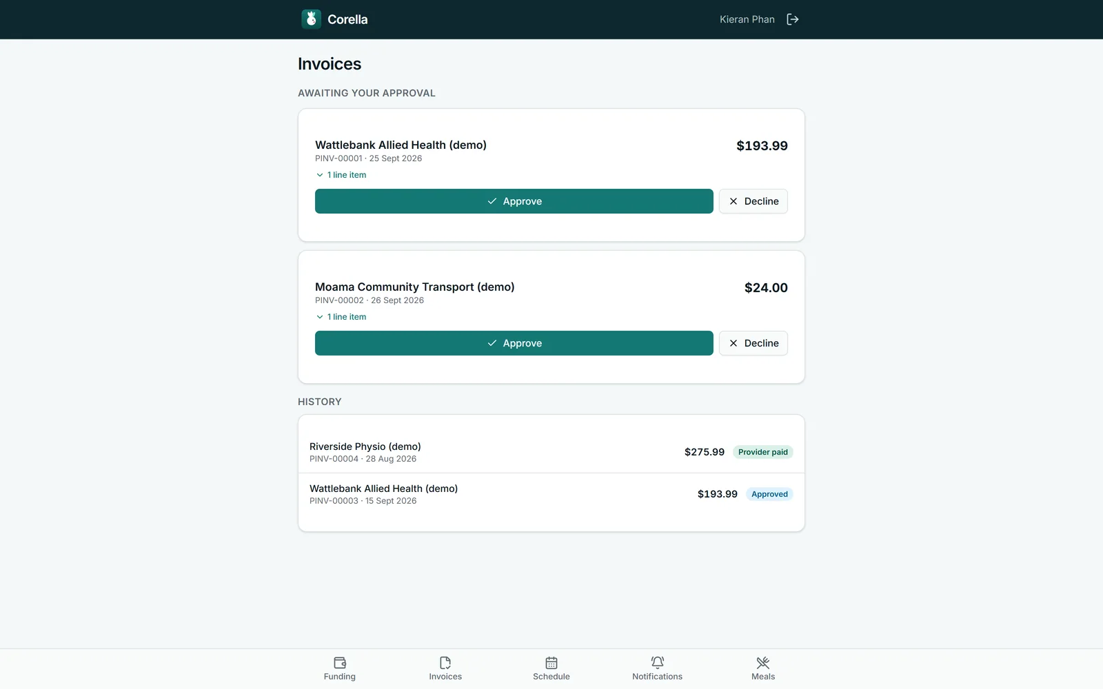The participant portal's Invoices screen on the NDIS demo: two provider invoices awaiting approval, each with the provider, the invoice number, the date, the total and an Approve and a Decline button, and a history below — one invoice provider paid, one approved