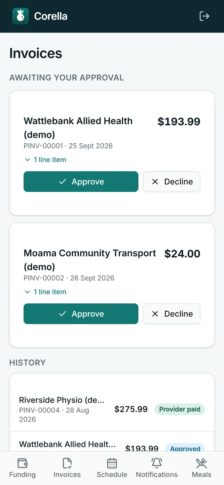 The participant portal's invoices on a phone, from the NDIS demo: two providers' invoices awaiting approval, each with the invoice number, date and total and an Approve and a Decline button, and a history below — one provider paid, one approved