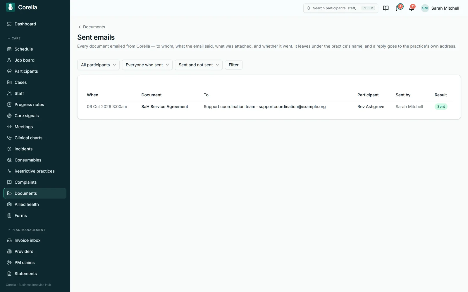 The Sent emails list in Corella, from the NDIS demo: filters for participant, sender and result, then one row per email with the date and time, the document, the recipient, the participant, who sent it and the result — a Support at Home service agreement, Sent