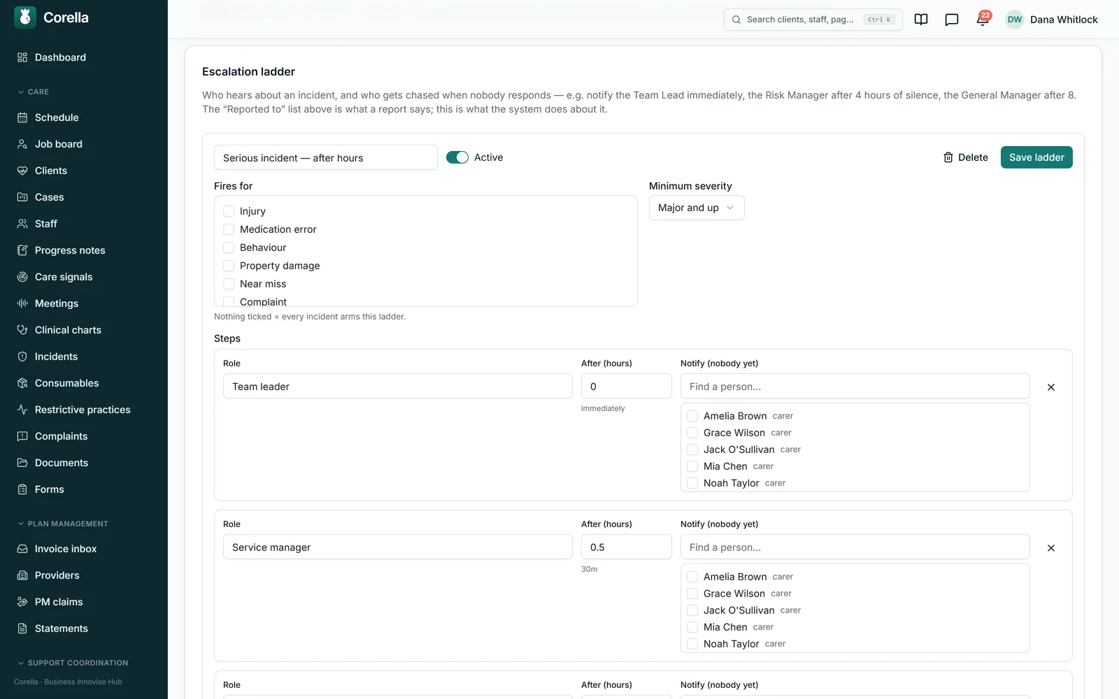 An escalation ladder in Corella's settings, from the NDIS demo: Serious incident — after hours, active; the kinds of incident it fires for, with nothing ticked meaning every incident; a minimum severity of Major and up; and its steps — Team leader immediately, Service manager after half an hour — each with the people to notify