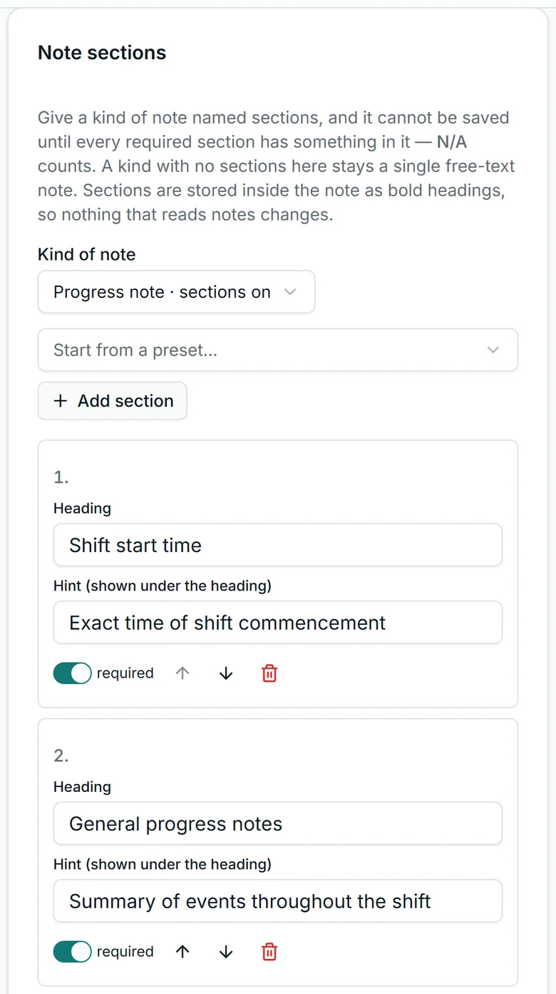 The Note sections card in Corella's settings, from the NDIS demo: its explanation, Kind of note set to Progress note with sections on, Start from a preset and Add section, then the first two sections of the shift summary preset — Shift start time with the hint Exact time of shift commencement, and General progress notes with the hint Summary of events throughout the shift — each switched to required