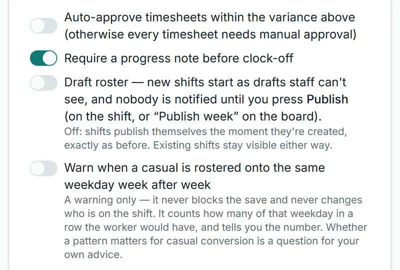Four attendance-rule switches in Corella's settings, from the NDIS demo: auto-approve timesheets within the variance, off; Require a progress note before clock-off, switched on; the draft roster, off; and the warning when a casual is rostered onto the same weekday week after week, off