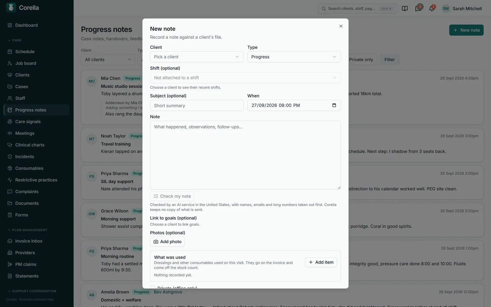 The New note dialog on Corella's Progress notes screen, from the NDIS demo: client, type of note set to Progress, an optional shift, subject, when, the note itself, a Check my note button with the line saying it is checked by an AI service in the United States with names, emails and long numbers taken out first and that Corella keeps no copy, then links to goals, photos and what was used