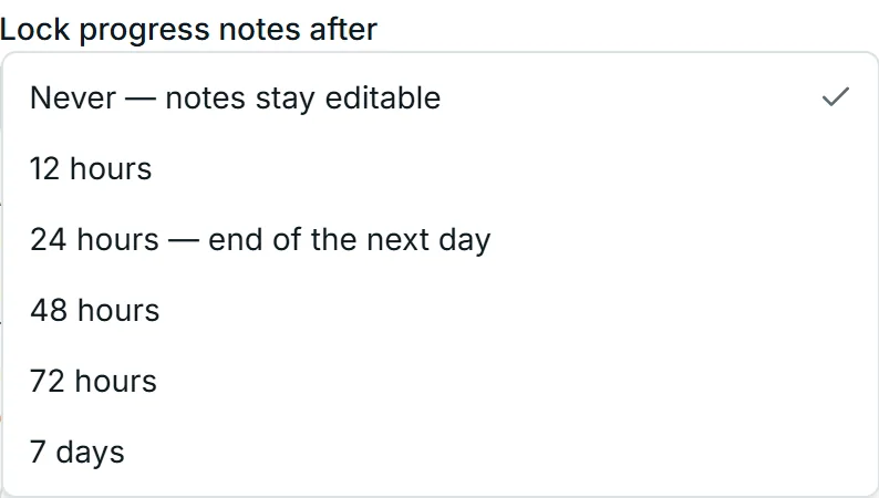 The Lock progress notes after setting in Corella, from the NDIS demo, with its list open: Never — notes stay editable, ticked, then 12 hours, 24 hours — end of the next day, 48 hours, 72 hours and 7 days