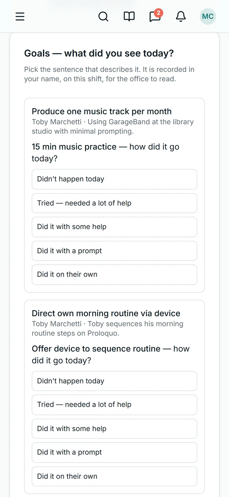 A support worker's phone in Corella's NDIS demo: Goals — what did you see today?, recorded in the worker's name on this shift for the office; two of a participant's goals, each with its strategy and five fixed sentences from Didn't happen today to Did it on their own