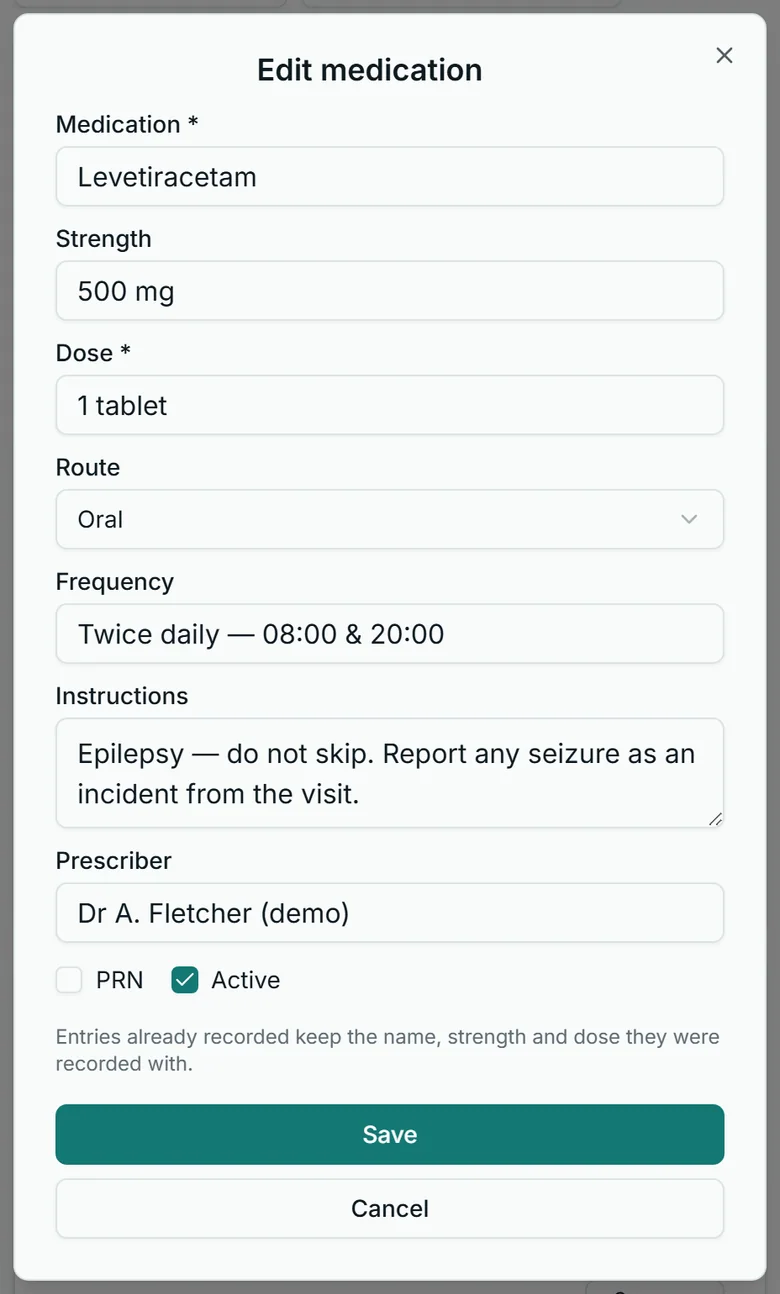 The Edit medication dialog in Corella, from the NDIS demo: Levetiracetam, 500 mg, 1 tablet, oral, twice daily, the instructions, a demo prescriber, PRN unticked and Active ticked, and under the fields: Entries already recorded keep the name, strength and dose they were recorded with.