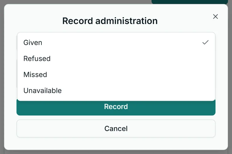 The Record administration dialog in Corella, from the NDIS demo, with its outcome list open: Given, Refused, Missed and Unavailable, and the Record and Cancel buttons below