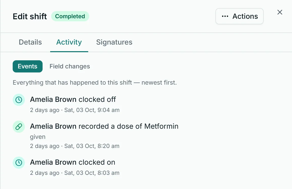 A shift's drawer on the roster in Corella, from the NDIS demo, on its Activity tab: everything that happened on the shift, newest first — the worker clocked on, recorded a dose of Metformin, given, and clocked off, each with its date and time