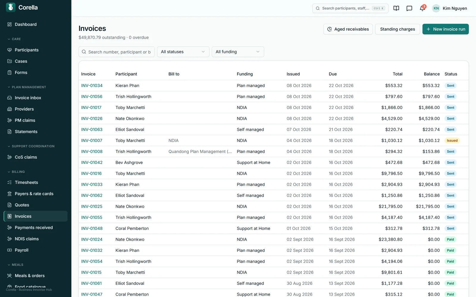 The Corella invoices list with totals and statuses