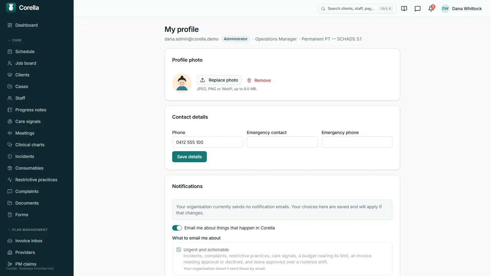 A person's My profile: photo, contact details, and a Notifications card showing the organisation's email setting, with the person's own email switch and categories saved, ready for when email is on.