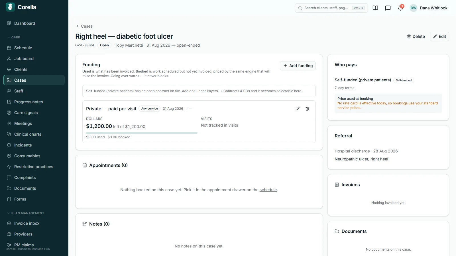 An episode of care in Corella, on an instance that uses the default word case: a diabetic foot ulcer episode for one person, open-ended, with its funding in dollars showing what is left, used and booked, a note that going over warns, who pays with their payment terms and a notice that no rate card is in force so standard prices apply, and the hospital-discharge referral